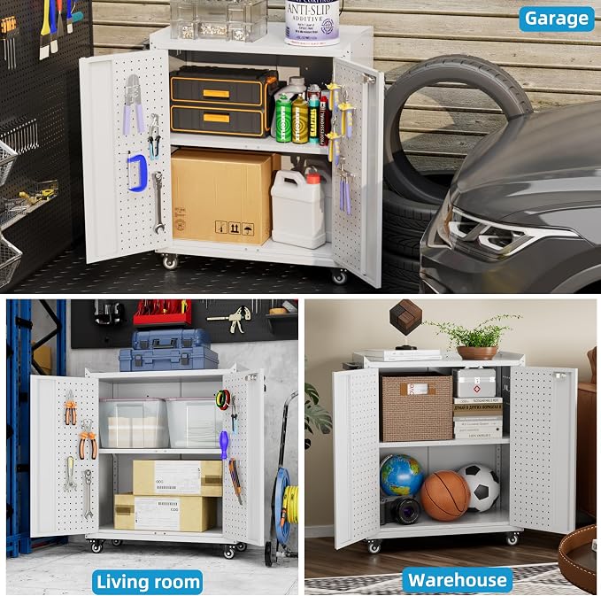 Reemoon Steel Garage Storage Cabinet with Wheels and 2 Lockable Doors, Metal Storage Cabinet with Pegboard and Hooks for Garage,Home,Warehouse,Assembly Required,White,13.8" D x 26" W x 31.5" H