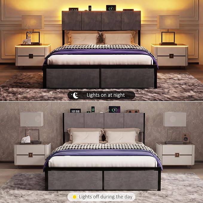 J.Fkne Queen Bed Frame with Charging Station and LED Lights, Metal Platform Bed with 2 Storage Drawers, Upholstered Headboard, Noise Free, No Box Spring Needed, Easy Assembly