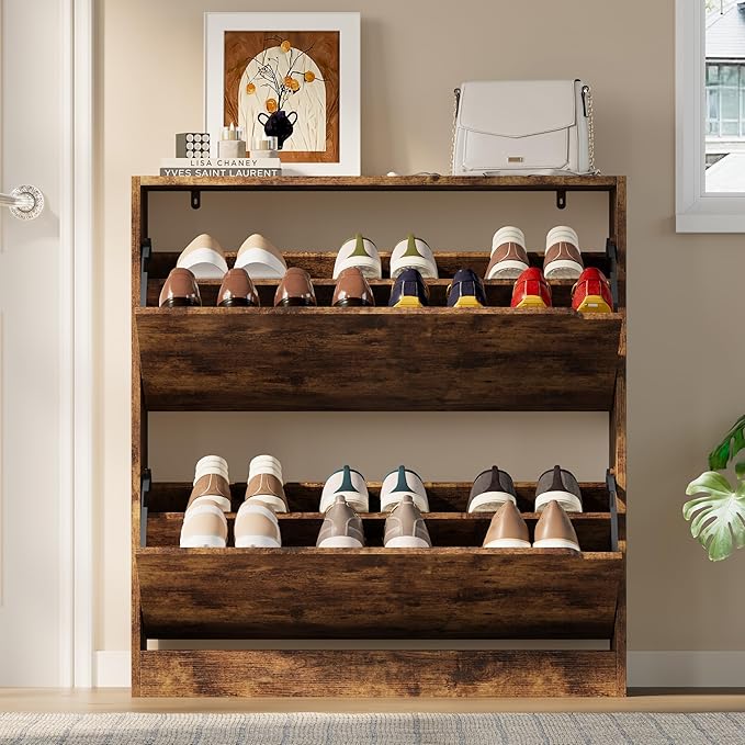 BORNOON Shoe Cabinet with 2 Flip Drawers, Slim Narrow Shoe Storage Cabinet, Freestanding Shoe Organizer with Adjustable & Removable Shelves, Top Display Shelf for Entryway, Hallway, Foyer, Closet