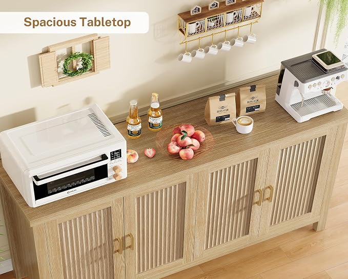 usikey 55" Buffet Cabinet with Storage, Large Sideboard Buffet Cabinet with 4 Adjustable Shelves, Modern Fluted Coffee Bar for Kitchen, Living Room, Natural