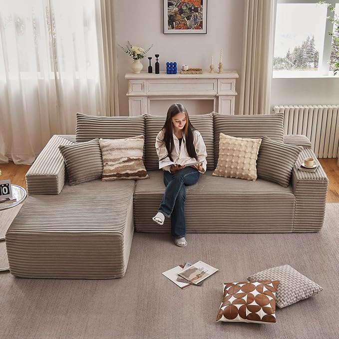107" Cloud Sectional Couch with L-Shape Chaise, Modern Modular Comfy Sofa with Deep Seat, Upholstered Corduroy Couches Sleeper Chaise Longue for Living Room Bedroom, No Assembly Required, Camel