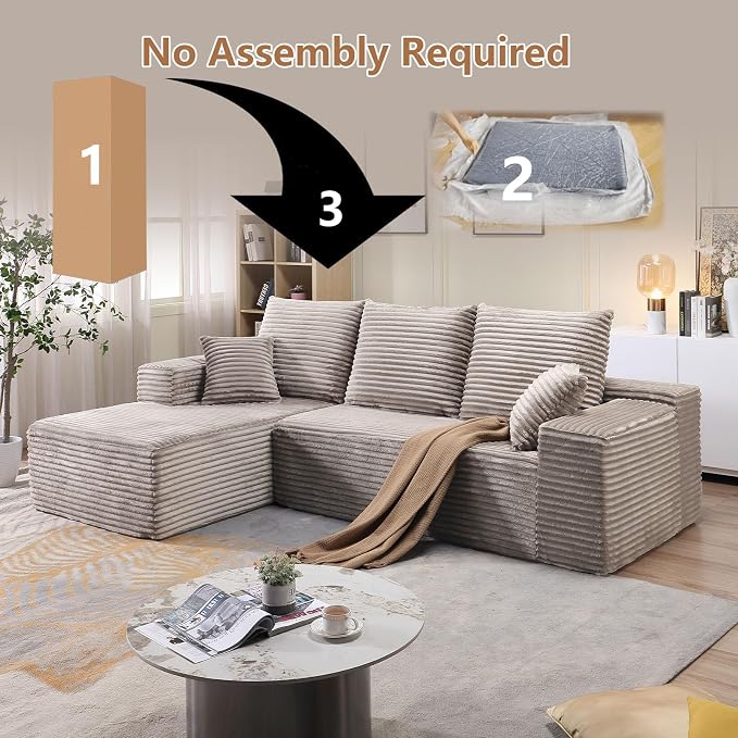 107.5" W Modular Sectional Sofa, Upholstered Corduroy Cloud Couch with Deep Seat, Modern 3-Seater L-Shaped Sofa for Living Room, No Assembly Required (Camel, Left-Facing Chaise)