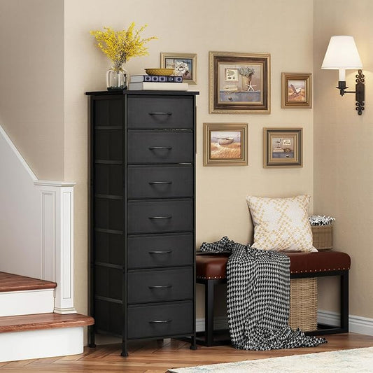 Fixwal Black Tall Skinny Dresser for Bedroom, Narrow Storage Dresser Organizer with 7 Fabric Drawers, Nightstand Furniture in Closet, Entryway, Hallway