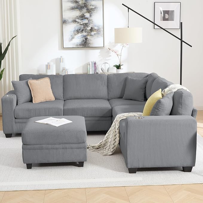 97" Modular Sectional Sofa with Storage, Corduroy 6-Seater V-Shaped Sofa with Ottoman Chaise, Convertible L-Shaped U-Shaped Cloud Sectional Couches for Living Room, Apartment