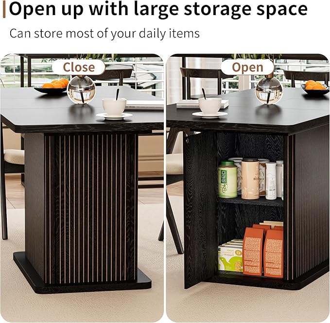Extendable Black Kitchen Dining Table for 4-6, 47-65 Inch Rectangle Dining Room Table with 2 Doors, Large Storage, Wood Fluted Mid Century Modern Furniture for Dinner, Living Room, Space Saving