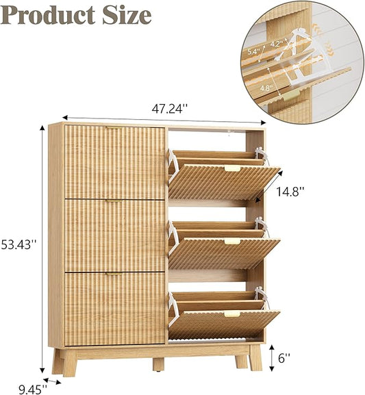 HUANLEGO Shoe Cabinet Storage for Entryway with 6 Flip Drawers, Fluted Narrow Shoe Organizer with Wooden Legs, Freestanding Slim Shoe Storage Hidden Shoe Rack Organizer for Front Door Entrance, Oak