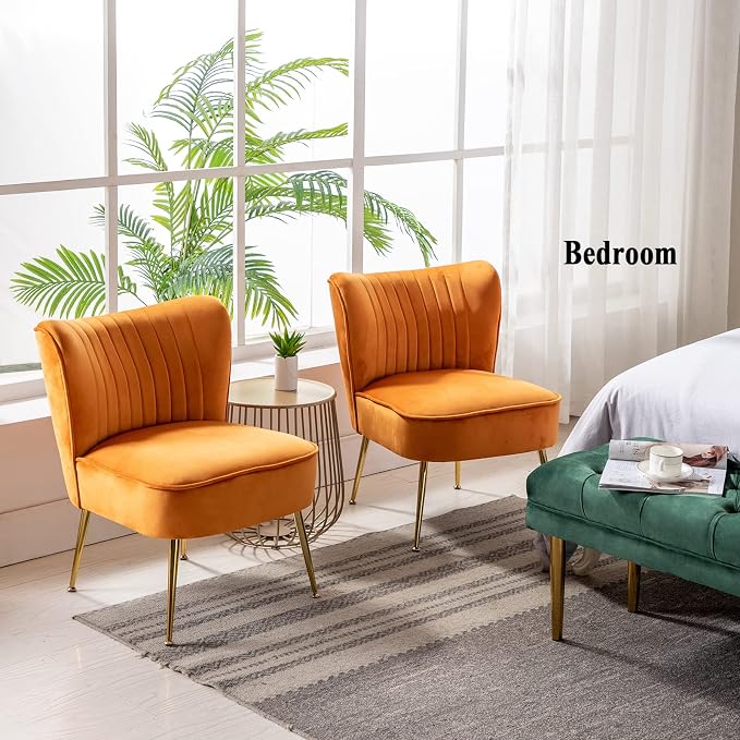 DUOMAY Modern Accent Chair Set of 2 Velvet Slipper Chair with Gold Legs Wingback Side Chair for Living Room Bedroom Entryway Small Corner Chair for Space Saving, Orange