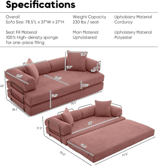 ZEIINPA 78.5 Inch Convertible Sleeper Sofa Bed, 5 in-1 Boneless Floor Couch Bed with Fixed-Shape Frame, Modular Futon Couch for Living Room, Apartments, RV Studio, Bedroom, Small Spaces, Pink