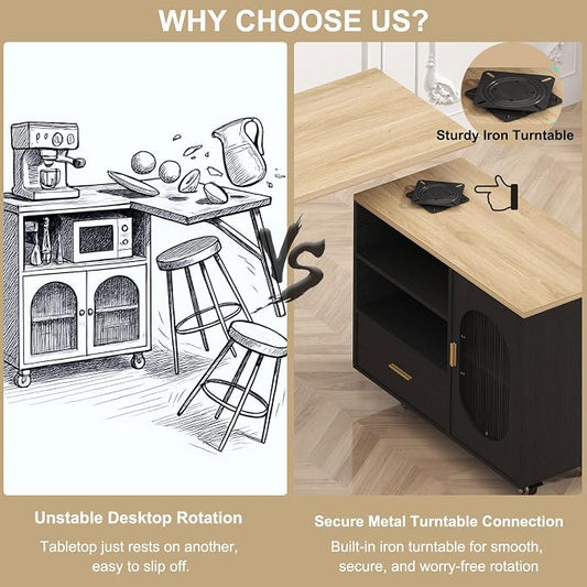 HSH 72" Rolling Kitchen Island with Seating, 360° Swivel Table, Kitchen Island with Storage Cabinet, Drawer & Shelves, Farmhouse Mobile Island Cart on Wheels for Dining Room & Home Bar, Black Oak