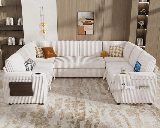 Vipbear 111" Modular Sectional Sleeper Sofa with Pull Out Bed, 8 Seat Plush Corduroy U Shaped Couch with Storage Chaise|USB Ports|Cup Holders|Side Table| Storage Armrests, Tool Free Assembly, Beige
