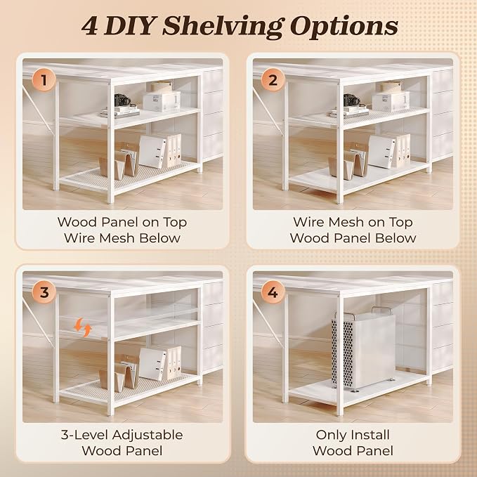 PRAISUN 61" L Shaped Desk with Power Outlets & USB-C Port, Reversible Computer Corner Office Desk with 4 Fabric Drawers and 2 Storage Shelves, Large Desk for Gaming Writing Study, White