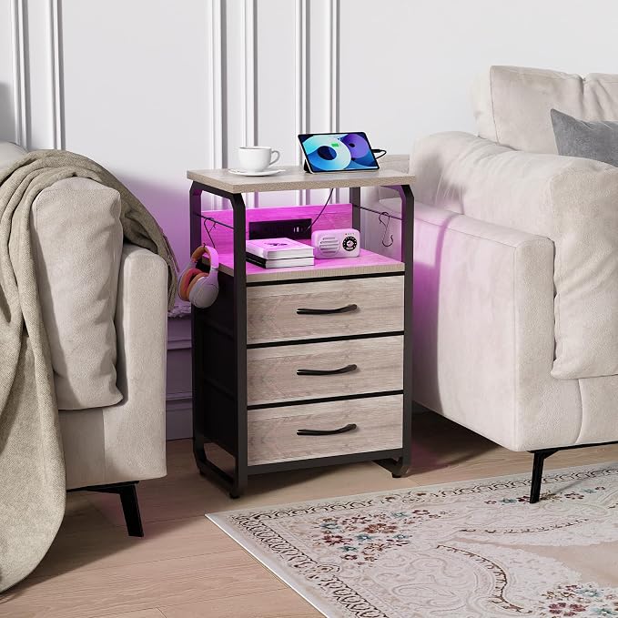 runjuly Bed Side Table with 3 Fabric Drawers, Night Stand with Charging Station, LED Nightstand with Hooks, Bedside Table End Tables with Storage, Night Tables for Bedroom (Beige)