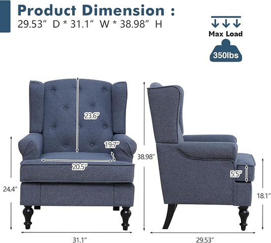 Accent Chair Set of 2, Mid Century Modern Fabric Wingback Chair, Upholstered Armchair with High Back and Vintage Legs, Comfy Single Sofa Side Reading Chair for Living Room Bedroom, Blue