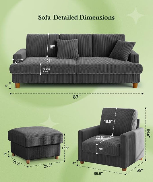 Welzona 87.2" Couches for Living Room, Comfy Sofa Set Tool-Free Setup, Corduroy Couch Set 7.5" Thicker Cushion, Accent Chair with Ottoman 848lbs Support, Sofas for Living Room Home Office, Grey