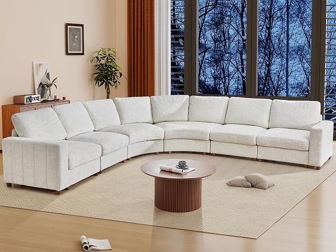 ORRD Oversized Curved Sectional Sofa, Convertible L Shaped Couch with Deep Seat, Boucle Modular Sectional Sofa with Pillows, Curved Chenille Comfy Corner 6 Seat Couch for Living Room, White