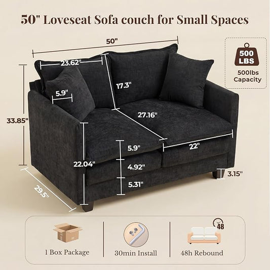 Loveseat Sofa with Cloud 3-Layer Cushion & 27" Deep Seat, Modern Small Couch with 2 Washable Pillows for Small Spaces, Bedroom, Apartment, Office, Living Room, in a Box, 50-Inch Black