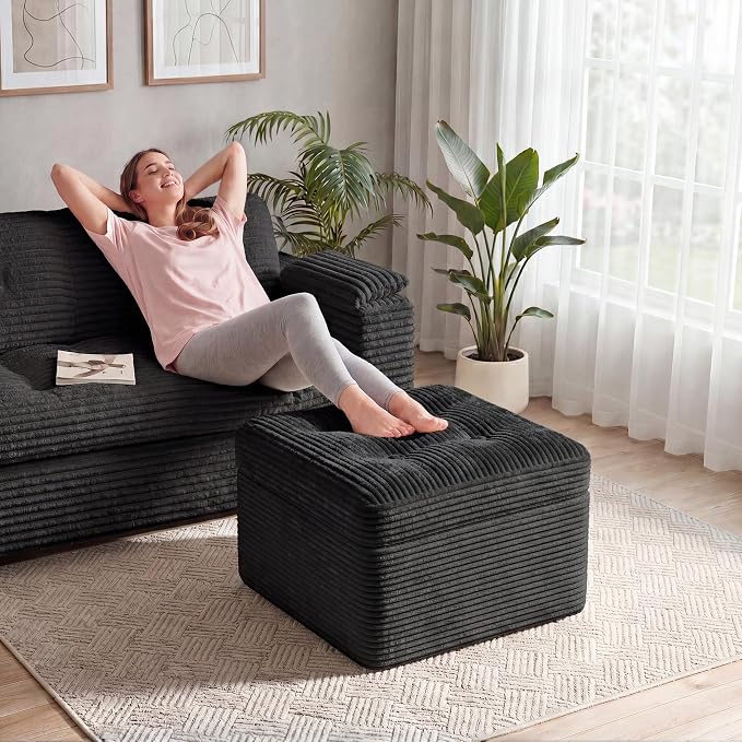 23.6in Pouf Ottoman, Corduroy Ottoman Foot Rest with Dual‑Layer Support, Large Plush Pouf with Soft Chunk‑Foam Top & Firm Foam Base, Floor Foot Stool for Living Room, Black