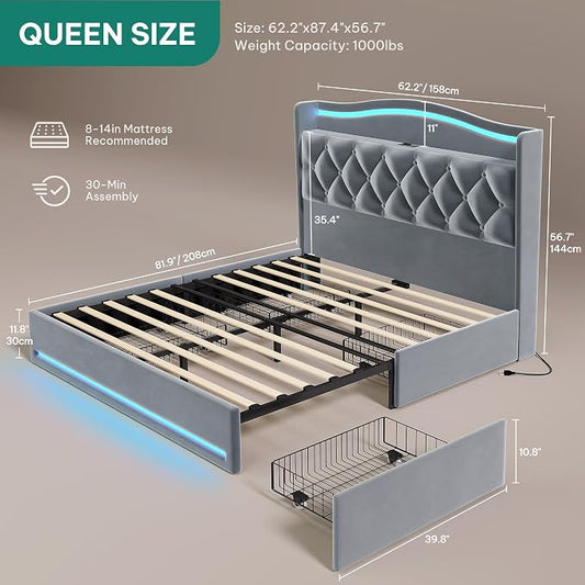 YITAHOME Queen Size Bed Frame with 4 Storage Drawers and RGB LED Lights, 57'' Tall Headboard Velvet Upholstered Bed with Charging Station, No Box Spring Needed, Easy Assembly, Noise-Free, Grey