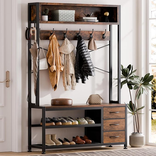 Lulive Hall Tree with 3 Drawers, Industrial Entryway 39.4" Coat Rack Shoe Bench, Freestanding Mudroom Organizer with 12 Hooks, Top Shelf Storage (Rustic Brown)