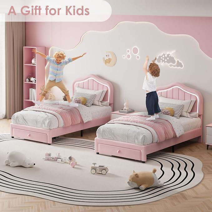 GarveeHome Upholstered Twin XL Bed Frame with Led Lights and Storage Drawer, Velvet Led Bed Frame with Headboard for Kids, Girls, Boys, No Box Spring Needed, Wooden Slats, Noise Free, Pink