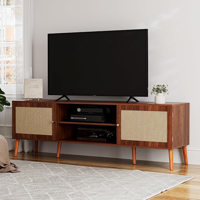 ZttRiee TV Stand with Rattan Doors for TVs up to 65", Mid-Century, Walnut | 54.7"W x 15.7"D x 18.9"H, 150 lbs capacity, 2 rattan-door cabinets & 1 shelf (4 compartments), 2 cord holes, 6 wood feet