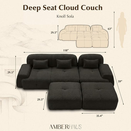 118'' Modular Sectional Cloud Couch Boneless Couches, Oversize Curved Sectional Couches for Living Room, Deep Seat Couch Lambswool Sofa with Ottoman & Throw Pillows, No Assembly, HR Foam