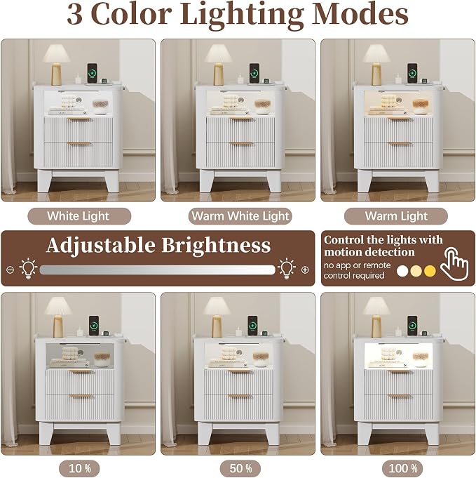 Baoz White Fluted Nightstand with Charging Station & 2 Drawers for Bedroom | 20" Wide Mid Century Modern Bedside Table Wood Faux Marble Top Curved Profile Design 27in Tall LED Night Stand