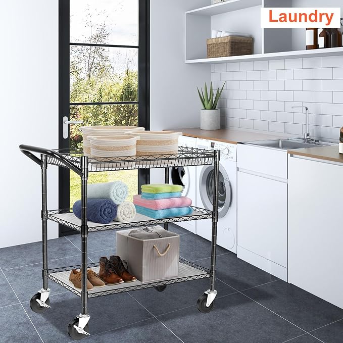 BolDuck Heavy Duty Utility Cart, 990Lbs Capacity 3 Tier Rolling Carts with Wheels, Kitchen Cart on Wheels with Storage, Commercial Grade Metal Serving Carts with Wire Shelving &Handle Bar, Black