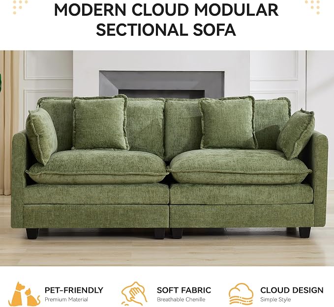 76" Cloud Loveseat Sofa, Modular Sectional Couch with Deep Seats and Double-Layer Thick Cushions, Chenille Upholstered 2-Seat Sofa for Living Room Apartment,Green