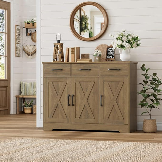 HOSTACK Modern Farmhouse Buffet Sideboard Cabinet, Barn Doors Storage Cabinet with Drawers and Shelves, Wood Coffee Bar Station for Dining Room, Kitchen, Living Room, Rustic Brown