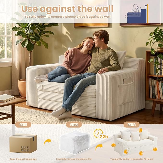 Boneless Loveseat Sofa Bed, Tri-Folding Convertible Futon Sleeper with Handle & Side Pockets, 54'' Boneless Couch with Hook and Loop No Assembly for Small Space,Living Room & Bedroom