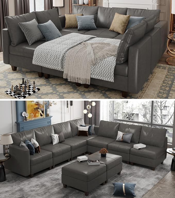 EASE MOOSE Modular Sectional Couch with Storage, Faux Leather Sectional Sleeper Sofa Bed,Grey Faux Leather Modular Sofa