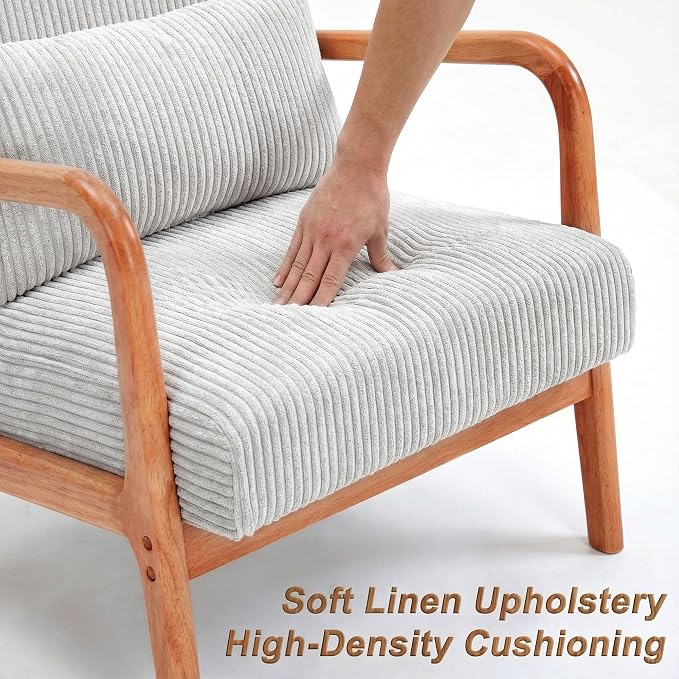 Set of 2 Mid Century Modern Accent Chair with Solid Rubberwood Frame, Comfy Corduroy Reading Armchair with Lumbar Pillow, Compact Lounge Chair for Bedroom, Living Room & Small Spaces