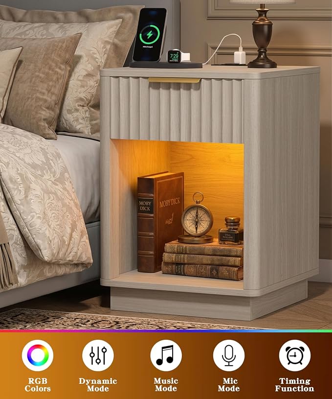 Akxomel Fluted Nightstands Set of 2, Wooden Night Stand with Charging Station and LED Light, Modern Mid Century Bed Side End Table with Drawer, 15" D x 15.7" W x 22.6" H, for Bedroom, White Alder