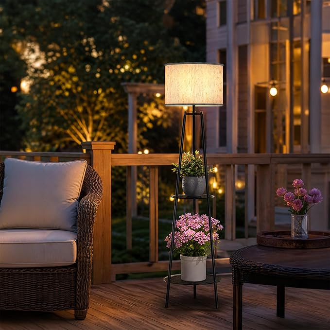 MXwcy 2Pack Solar Outdoor Floor Lamps with Plant Shelves, Waterproof Solar Standing Lamps for Patio Porch Garden Yard, Auto On/Off Warm LED Outdoor Floor Lights, Cordless 2-Tier Plant Stand Decor