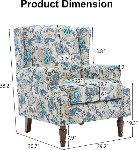 Pia Ricco Set of 2 Floral Accent Chairs, High Back Upholstered Armchairs with Retro Wingback Design, Nailhead Trim & Solid Wood Legs for Living Room Bedroom(Flower Blue)