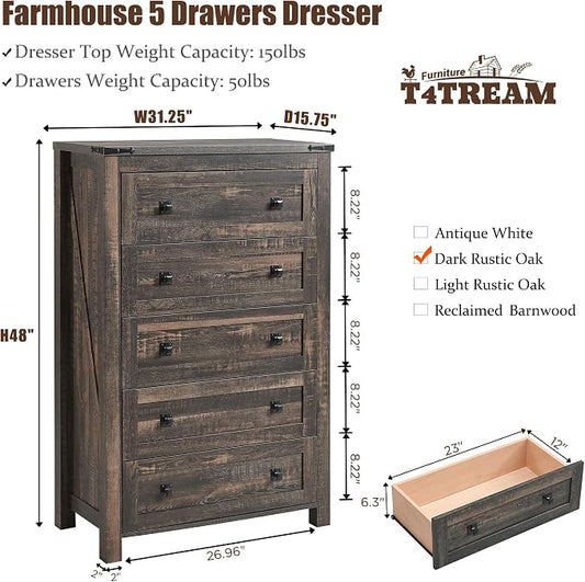 T4TREAM 48" Tall Farmhouse 5-Drawer Dresser for Bedroom, Dark Rustic Oak | Rustic chests of drawers, Wood Storage Cabinet, Metal Handle, Unique Corner Accent, Bedroom, Living Room, Hallway