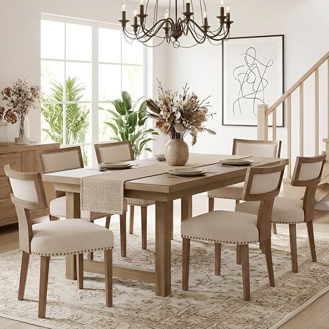 HNY Mid Century Modern Dining Chairs Set of 4, Farmhouse Linen Fabric Upholstered Accent Chairs Curved Nailhead Trim Backrest Kitchen Chairs, with Hardwood Frame, Beige
