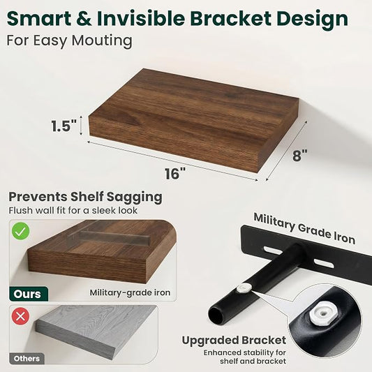 Floating Shelves for Wall, 16 Inch x 8 Inch Deep Wall Mounted Wood Shelf with Invisible Brackets for Storage & Display, Living Room Bedroom Kitchen, Walnut, Set of 2