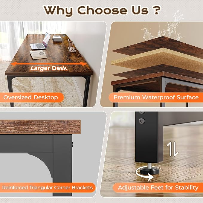 Huuger 71 x 31.5 Inch Desk with Power Outlets & USB-C, 0.95 Inch Thicker Desktop, Robust Metal Tubes, Deep Computer Desk, Heavy Duty Office Desk, Work Desk for Home Office, Rustic Brown