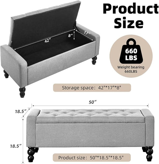 50" W Storage Ottoman Bench with Safety Hinge, Load up to 660 lb Ottoman with Storage, Upholstered Tufted Entryway Bench with Seating for Living Room, Bedroom, Light Gray