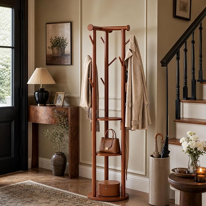 Pipishell Solid Wood Freestanding Coat Rack, Coat Tree with 5 Wheels, Wooden Coat Stand with 9 Hooks & 3-Tier Shelves for Entryway, Bedroom, Hallway, Living Room