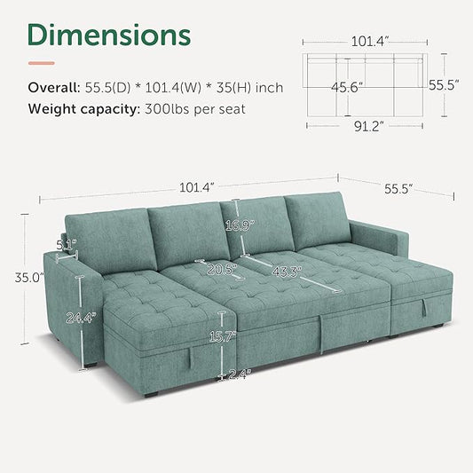 HONBAY Modular Sectional Sleeper Sofa with Pull Out Bed,U Shaped Couch with Storage Seat,Sectional Couches for Living Room,Blue