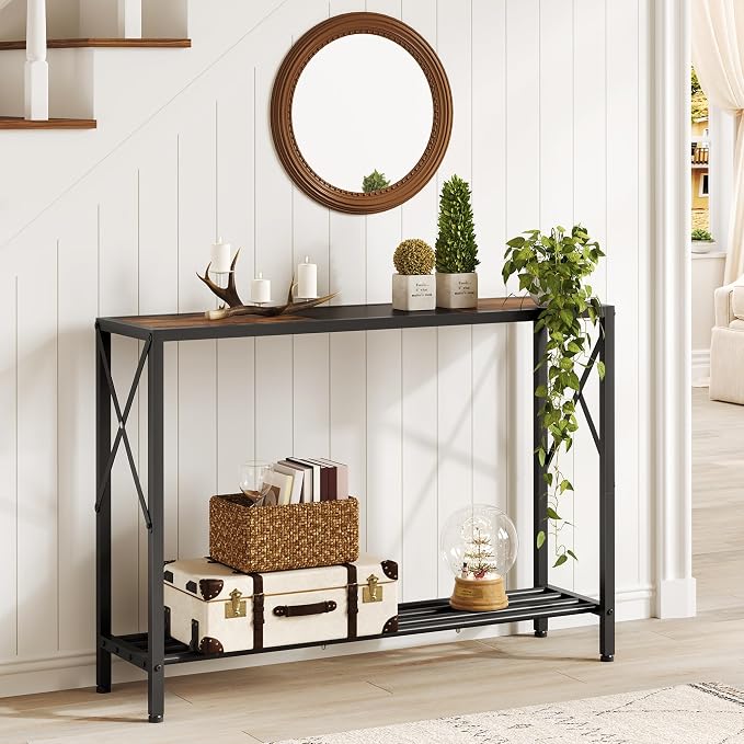 Tajsoon Console Table 41.8”, 2-Tier Industrial Entryway Table, Narrow Entrance Sofa Table with Shelves, Hallway, Living Room, Foyer, Corridor, Office, Rustic Brown and Black