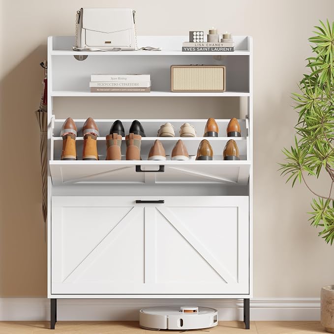 Shoe Cabinet with 2 Flip Drawers, Freestanding Hidden Shoe Storage Organizer for Entryway, Narrow Slim Shoe Rack Cabinet with Open Storage & Hooks for Front Door Entrance, Living Room, Hallway, White