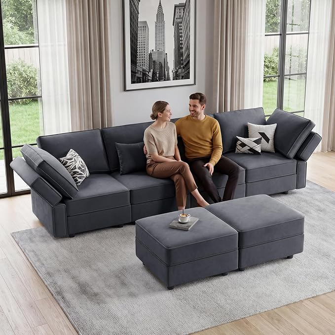Vesgantti Sectional Couches with Storage Seats, 118" L Shaped Convertible Modular Sectional Sofa, 4 Seat & 2 Ottomans Velvet Storage Chaises Deep Seat Couch for Living Room, Bedroom, Apartment, Gray