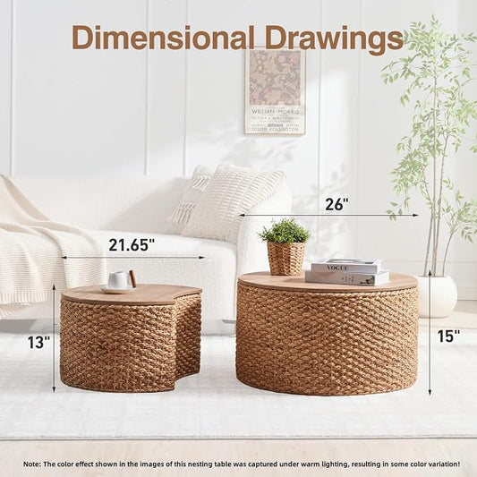 Round Nesting Coffee Table Set of 2 with Storage - Handwoven Wicker Rattan Ottoman Style, Boho Coastal Coffee Tables for Living Room, Rattan Coffee Table with Cover & Soild Wood Frame