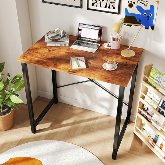 DUMOS 32 Inch Small Computer Desk for Home Office, Modern Study Writing Gaming Work Table Simple Style for Bedroom with X-Shaped ReInchforcement, Rustic Brown
