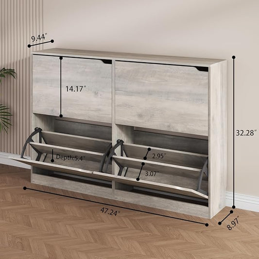Shoe Storage Cabinet, Wood Shoe Organizer for Entryway with 3 Flip Drawers, Freestanding Shoe Rack with Adjustable Shelf, Narrow Shoe Dresser for Front Door Entrance (Grey, 4 Drawers)
