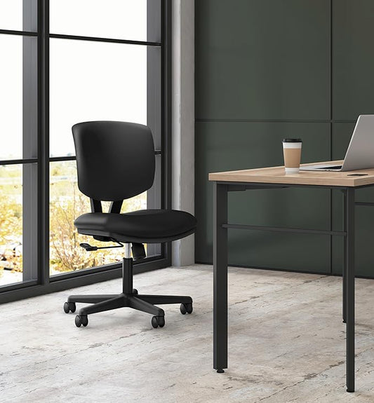 HON Volt Ergonomic Office Chair with Fabric Seat and Back, Armless Desk and Computer Chair with Adjustable Center‑Tilt Recline and Wheels for Home Office or Workstation, Black